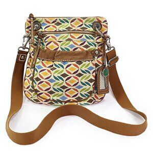 Fossil Canvas Crossbody Bag Geometric Print with Leather Trim Adjustable Strap